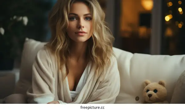 A beautiful blonde woman is sitting on a couch with a teddy bear.