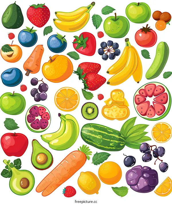 Colorful Illustration of Different Types of Fruits and Vegetables