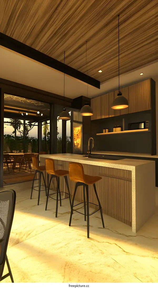 Modern Kitchen Interior Design with Wooden Ceiling and Bar Stools