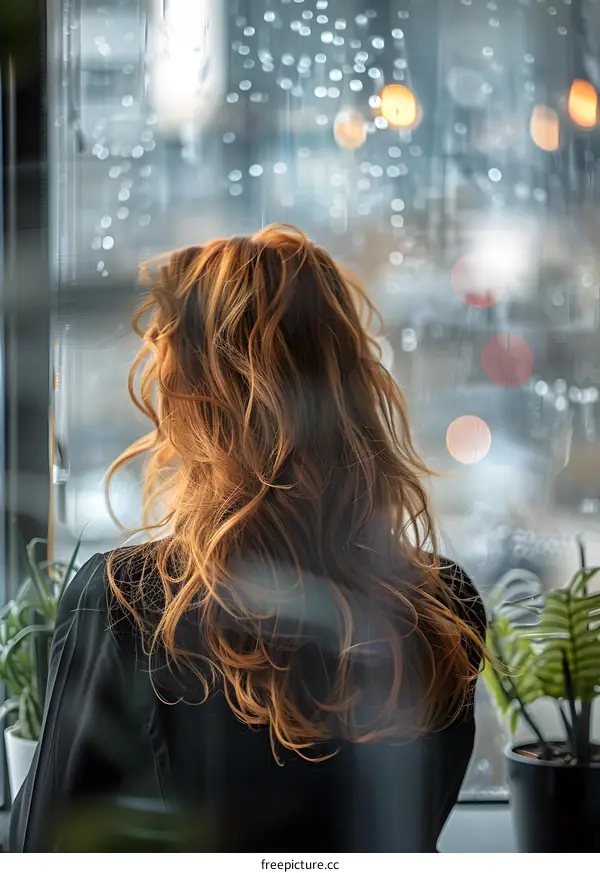 redhead woman looking out window at city lights
