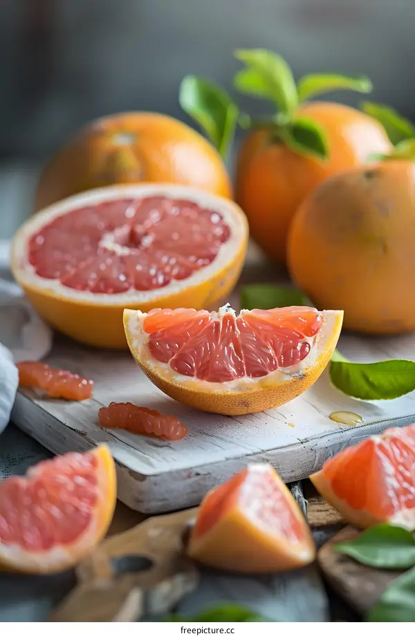 Fresh Grapefruit Slices On Wooden Board