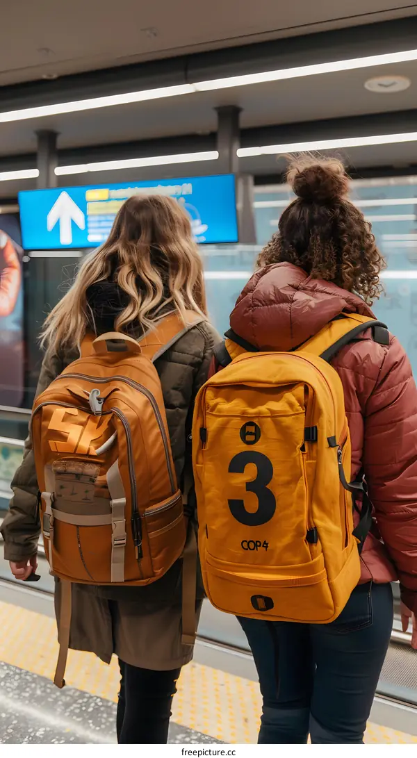 Two Female Travelers with Backpacks Walk Through Airport