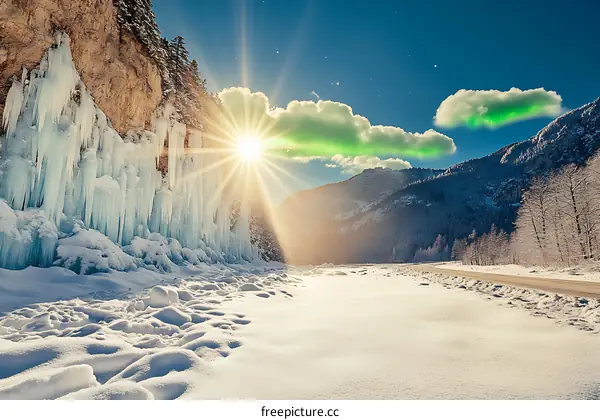 Winter Landscape With Snow Covered Mountains And Icicles