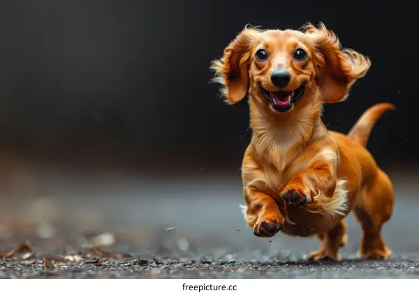 A happy brown long-haired dachshund dog is running with its tongue out