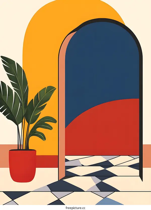 Abstract Art Illustration of Yellow, Red and Blue Doorway