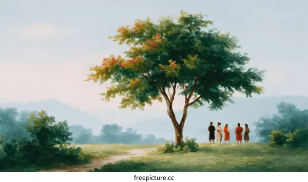 A Peaceful Landscape with Figures Under a Large Tree