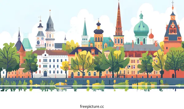 Colorful Illustration of European Cityscape with Buildings and Trees