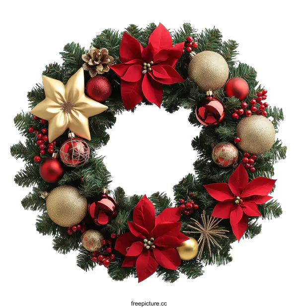 [Transparent Background PNG]Christmas Wreath Decorated with Red and Gold Ornaments
