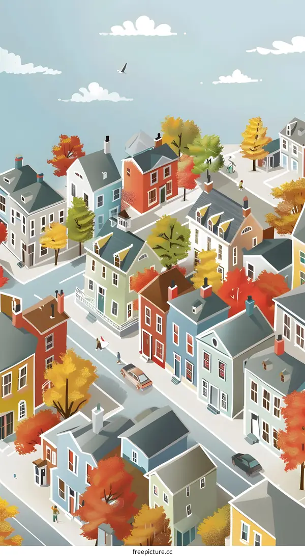 Colorful Autumn Neighborhood With People Walking On The Sidewalk