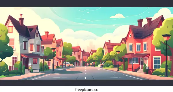 Cartoon Illustration Of A Suburban Street