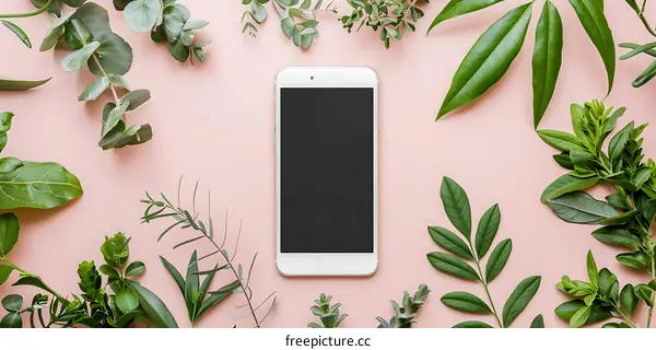 White Smartphone Mockup with Green Leaves on Pink Background