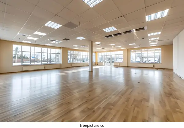Empty Office Space with Large Windows and Light Wood Floor