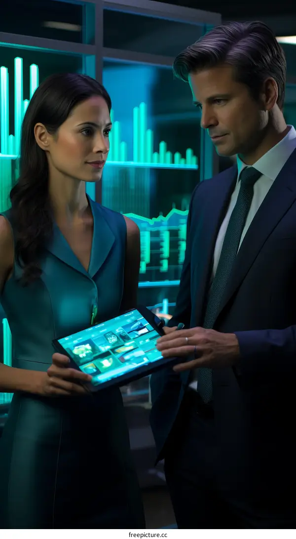 Business people in suits discussing data and information on a digital tablet.