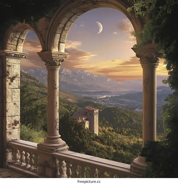 Mountain View Through Stone Archway