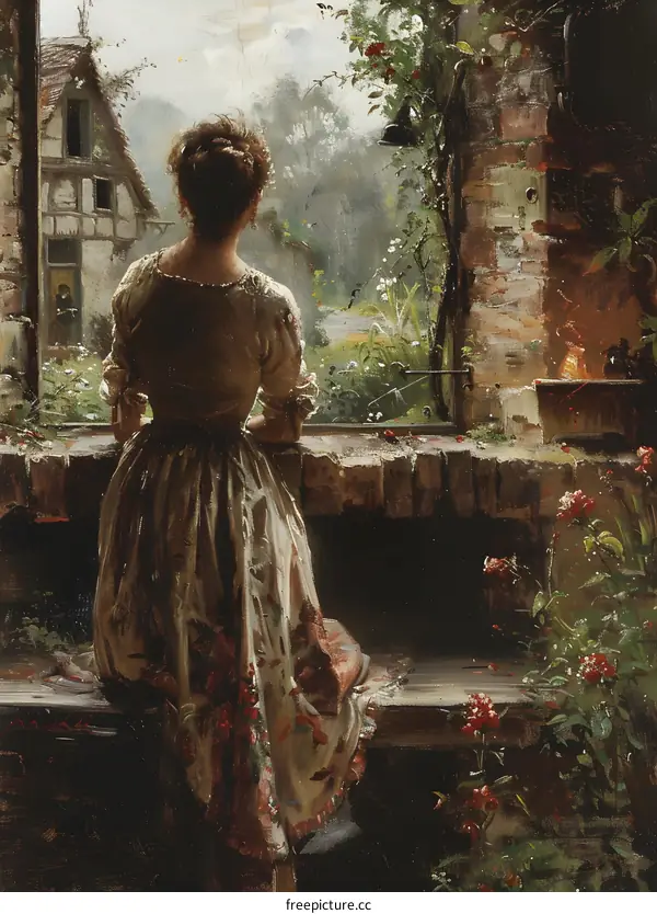 A woman is looking out the window