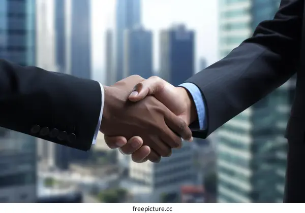 Businessmen of different ethnicities shaking hands in agreement with cityscape in the background