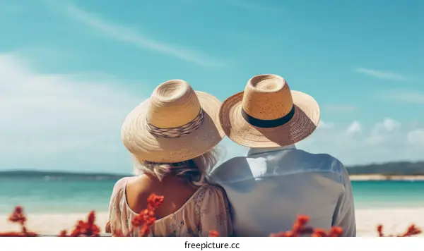 A couple is sitting on a bench and looking at the ocean.
