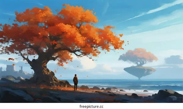 A lone person stands under a vibrant orange tree by the sea