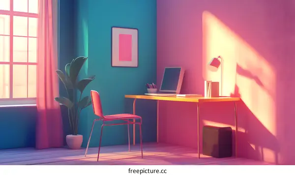 Minimalist Home Office Interior Design with Pink and Blue Walls