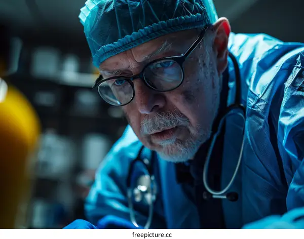 Portrait of a serious senior male doctor wearing glasses and a surgical cap