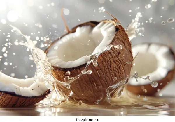 Coconut water splashing out of a coconut