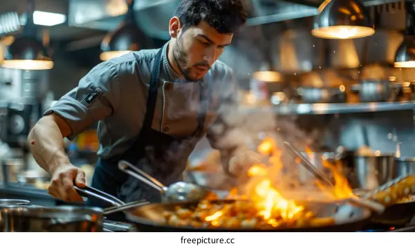 Focused male chef cooking dish with fire in kitchen