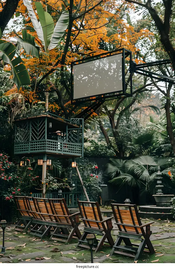 Green Garden With Treehouse and Empty Screen