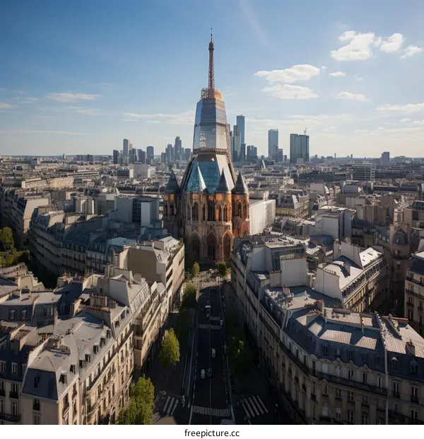 An illustration of a futuristic city with a large church in the center