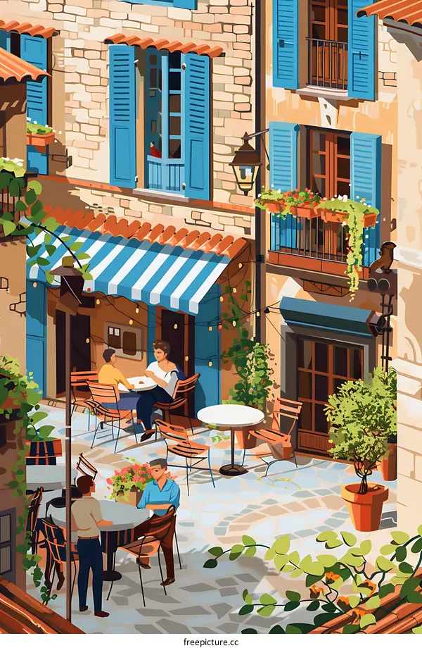 European Cafe Illustration with People