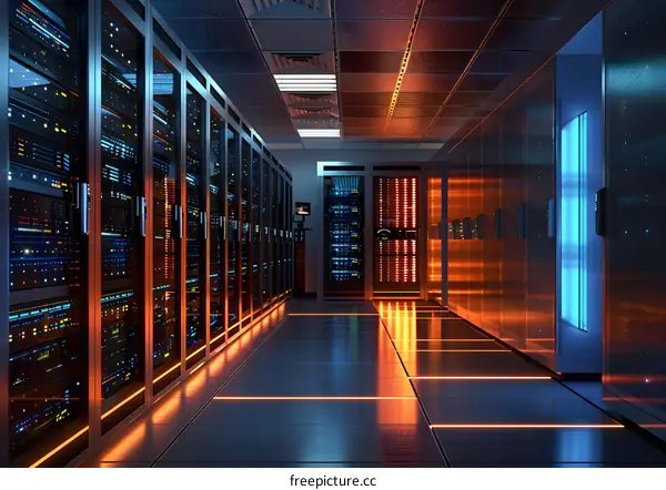 Server room with rows of server racks containing multiple server blades.