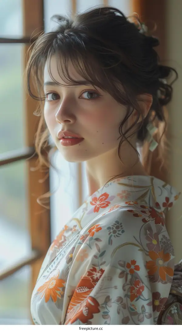 Beautiful Woman in Traditional Japanese Kimono