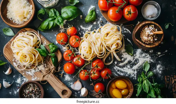 Italian pasta ingredients tomatoes basil garlic parmesan cheese