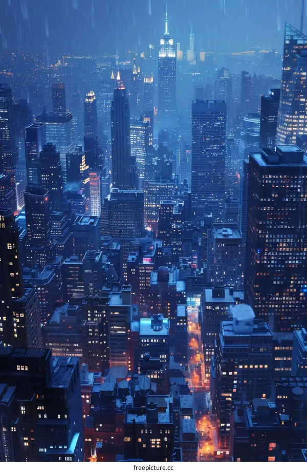 Snowy Manhattan Skyline in the Nighttime, New York City