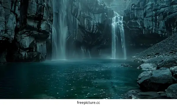 Waterfall in the Rock Cliff