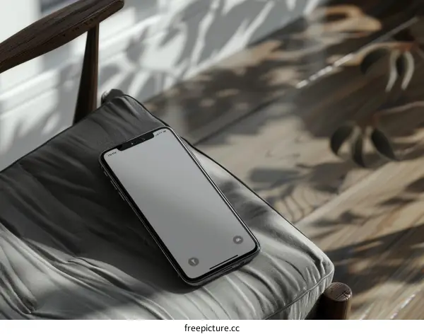 A smartphone sits on a chair in front of a window.