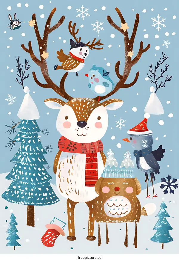 Winter Animals Illustration with Reindeer and Birds in Snowy Forest