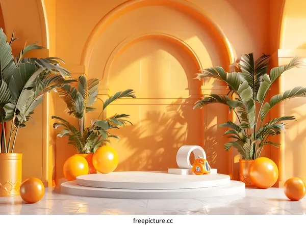 White round stage with yellow balls and tropical plants in yellow arched background