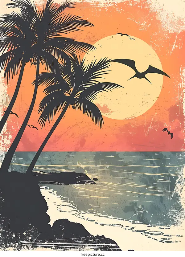 Palm Trees and Ocean Sunset Silhouette Vintage Illustration