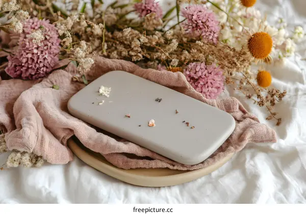 Grey Rectangular Plate on Pink Napkin and Flowers