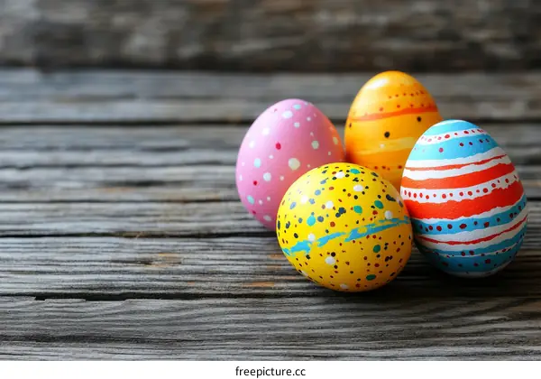 Colorful Easter Eggs on Wooden Background