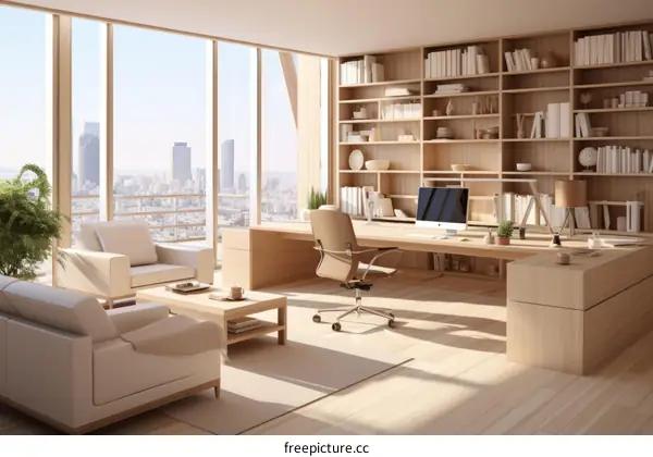 A modern office with a large window and a wooden bookshelf