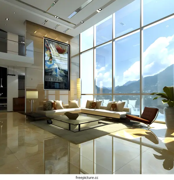Modern Living Room Interior Design With Large Window And Mountain View