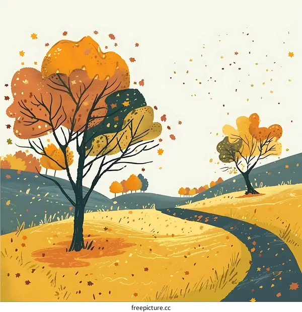 Autumn Landscape With Falling Leaves And Winding Path
