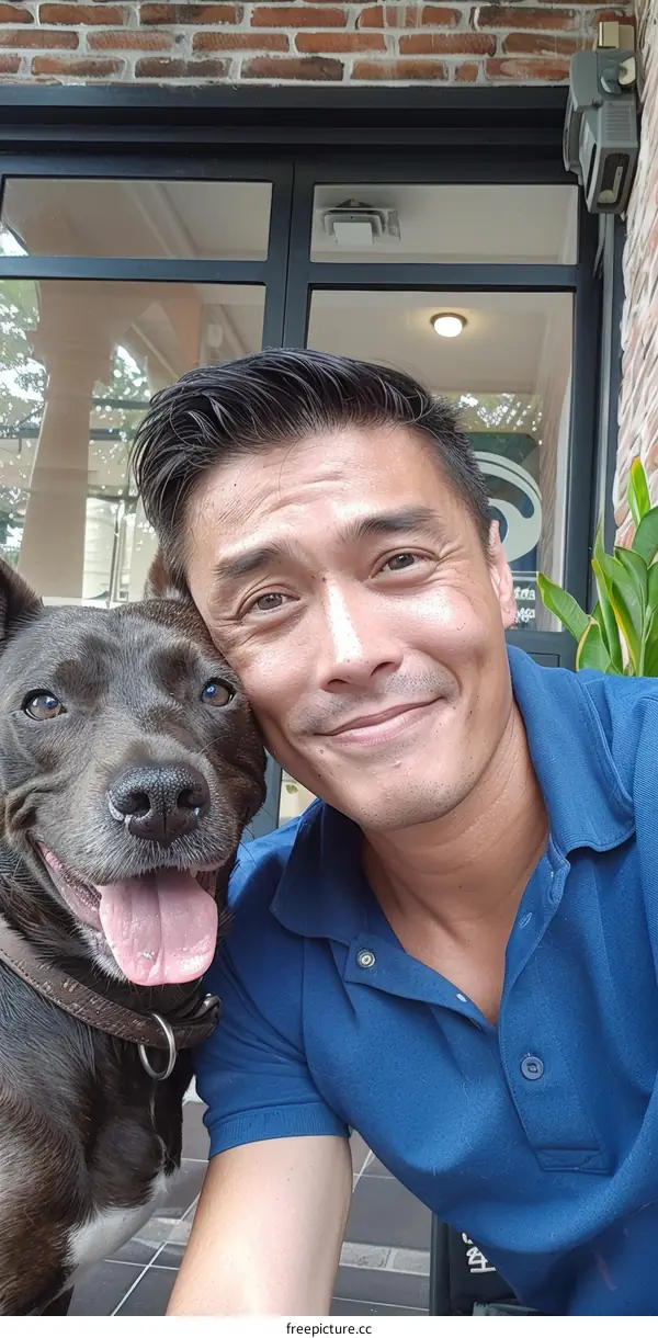 Asian man with a black dog