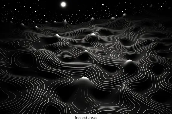 Black and white image of a planet's surface with craters and a starry night sky