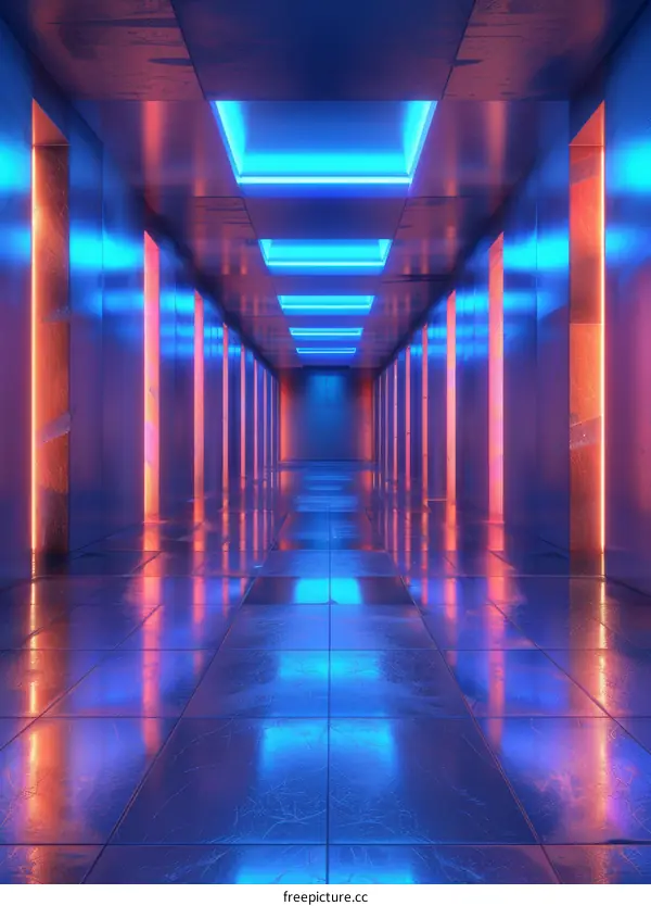 Futuristic Glowing Blue and Orange Sci-Fi Corridor