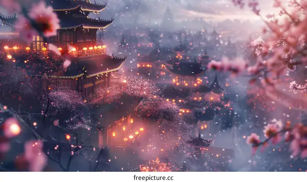 A beautiful Chinese style ancient town with cherry blossoms and snow