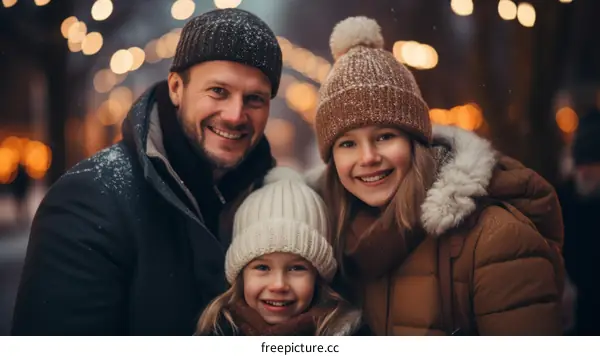 Happy family of three smiling together during winter