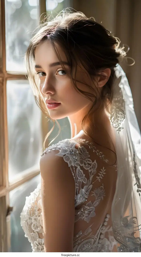 A bride in a lace wedding dress and veil, looking back at the camera with a smile on her face