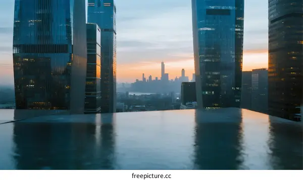 Modern Urban Skyline with Reflective Pool at Sunset